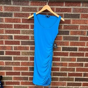 Express Dusty Blue Asymmetrical Drawstring Sleevelesss Bodycon Dress